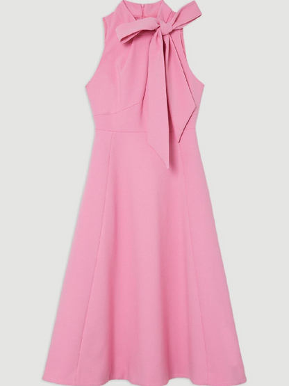 Compact Stretch Bow Tie Neck Full Skirted Midi Dress