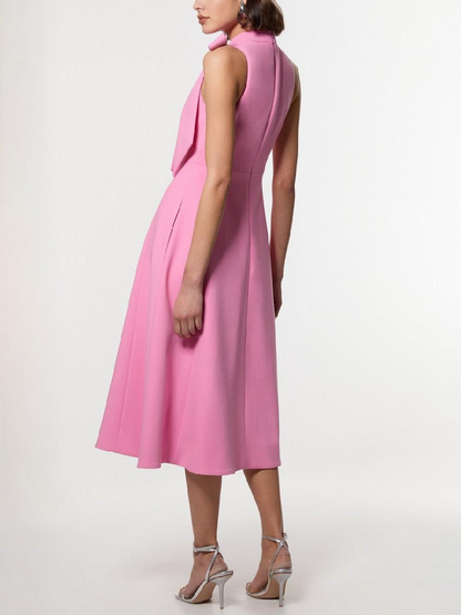 Compact Stretch Bow Tie Neck Full Skirted Midi Dress