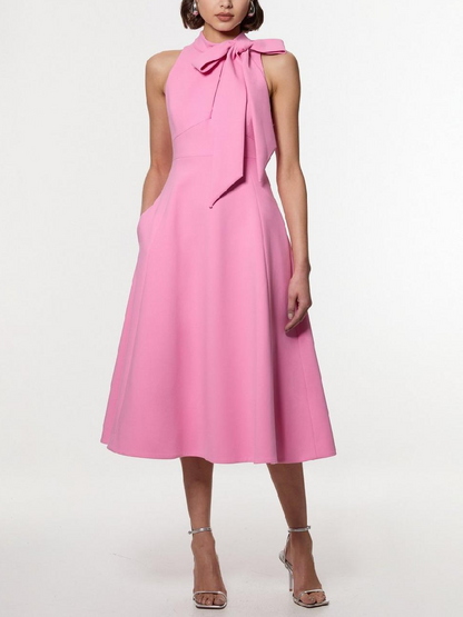 Compact Stretch Bow Tie Neck Full Skirted Midi Dress