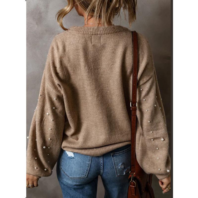 Loose Beaded Round Head Long Sleeve Sweater