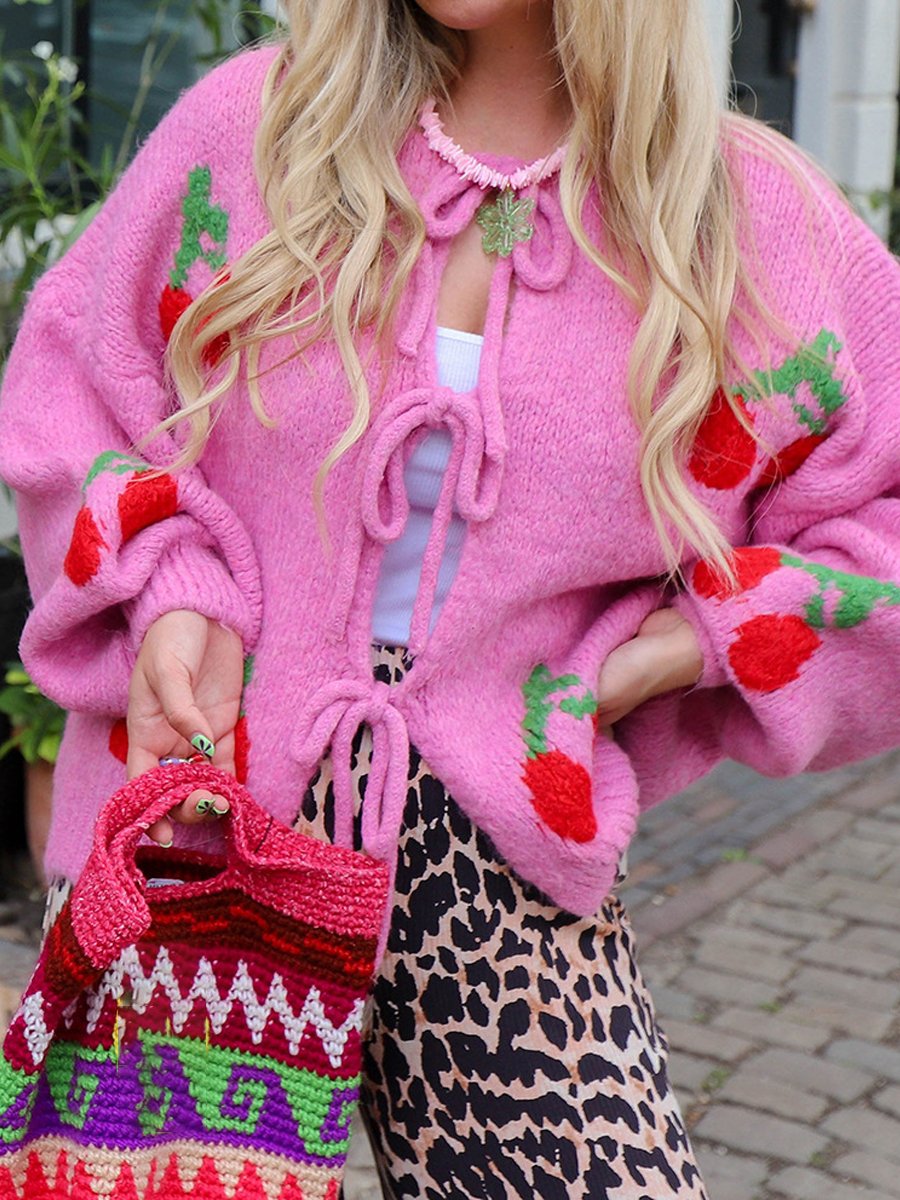 Cherry Embroidered Jacquard Cardigan