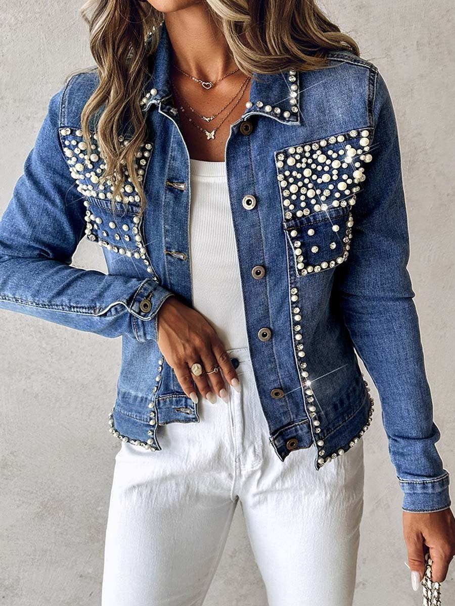 Rhinestone Pearl Decor Denim Jacket