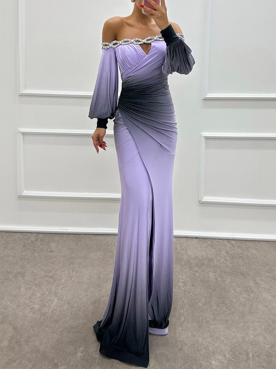 Off Shoulder Rhinestone Sparkle Long Sleeve Party Dress