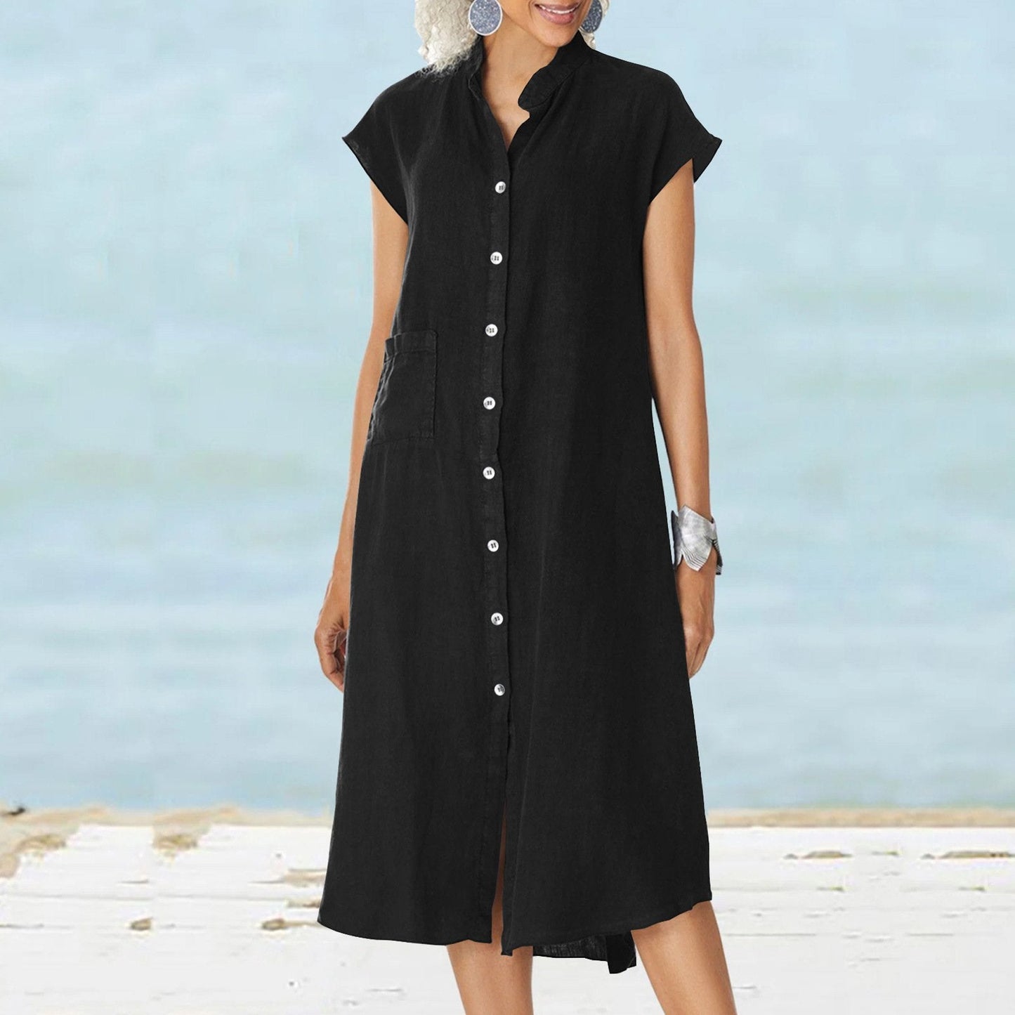 Women’s Button-down Cotton Linen Loose Dress with Pocket