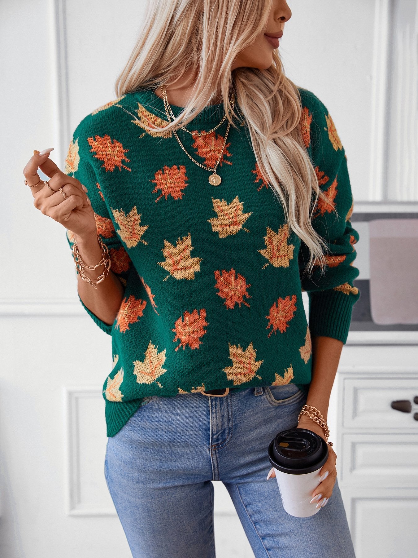 Maple Leaf Pattern Casual Knit Sweater