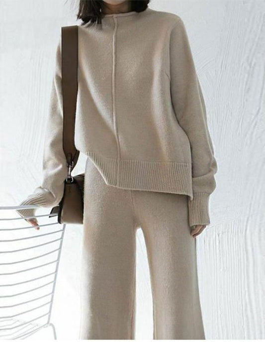 Fashion Elegant Sweater Wide Leg Pants Suit