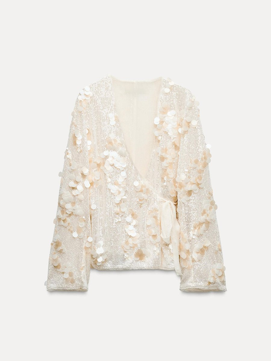 Casual V Neck Sequin Loose Jacket Kimono