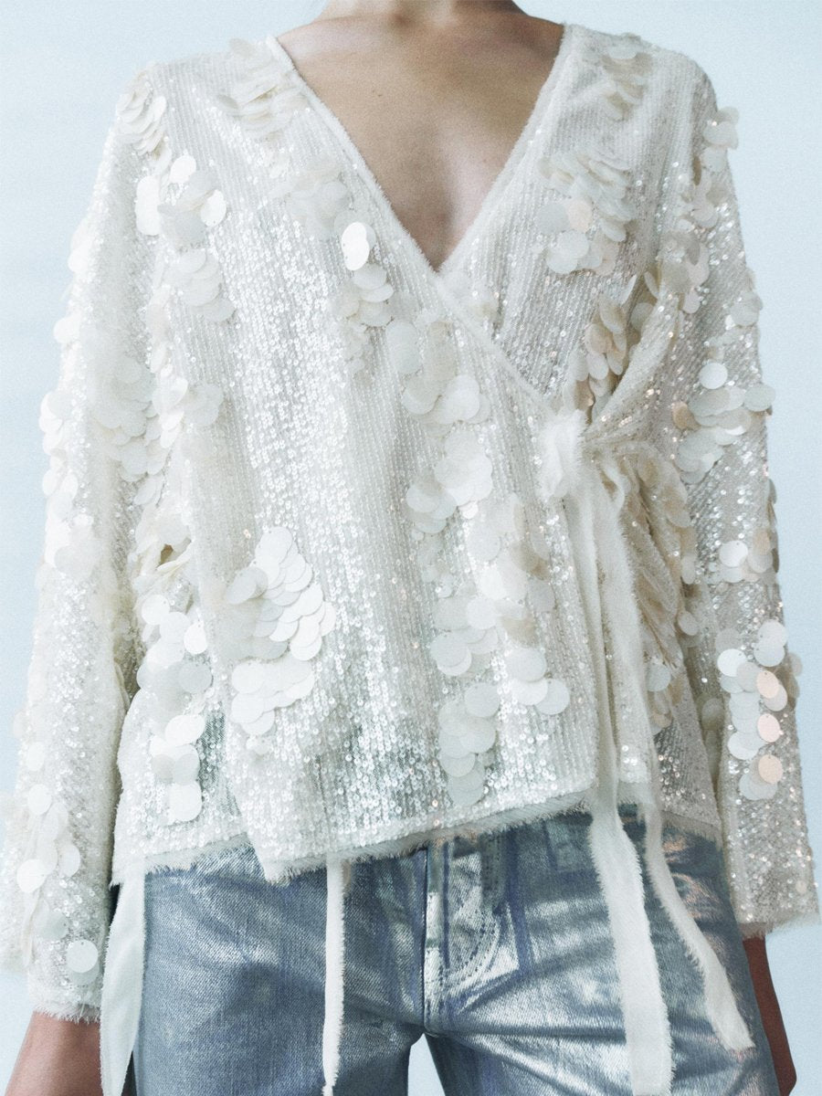 Casual V Neck Sequin Loose Jacket Kimono