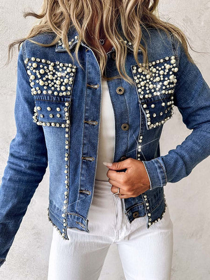 Rhinestone Pearl Decor Denim Jacket