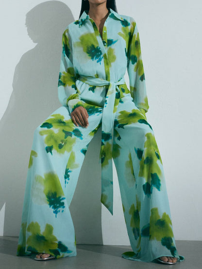 Casual Printed Long Sleeve Belt Jumpsuit