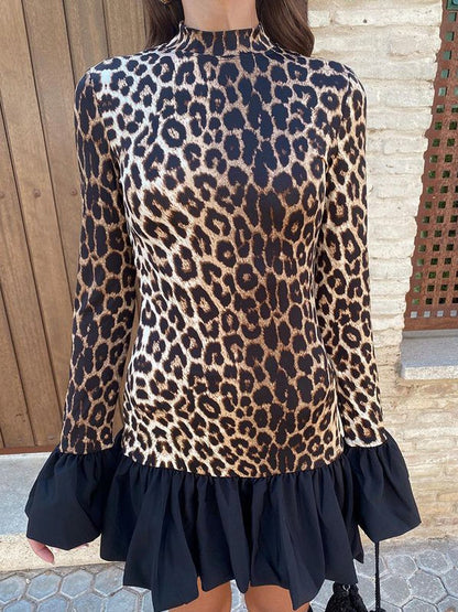 Leopard Print Patchwork Flare Sleeve Dress