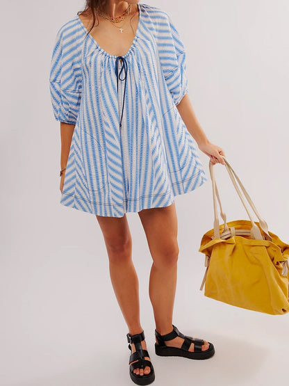 Striped Casual Loose Deep V Wide-leg Romper