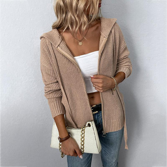 Solid Color Hooded Knit Cardigan