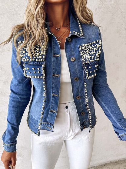 Rhinestone Pearl Decor Denim Jacket