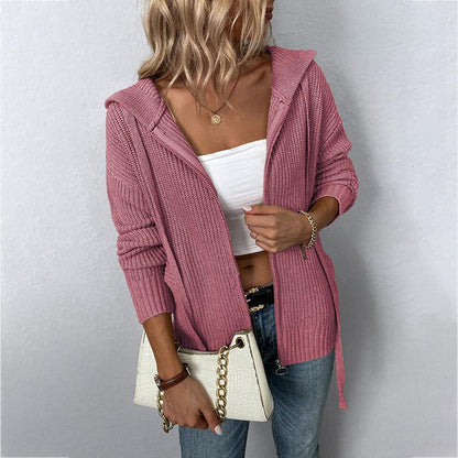 Solid Color Hooded Knit Cardigan