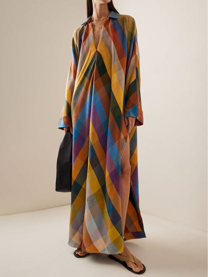 Loose Long Sleeve Color Block Side Split Maxi Dress