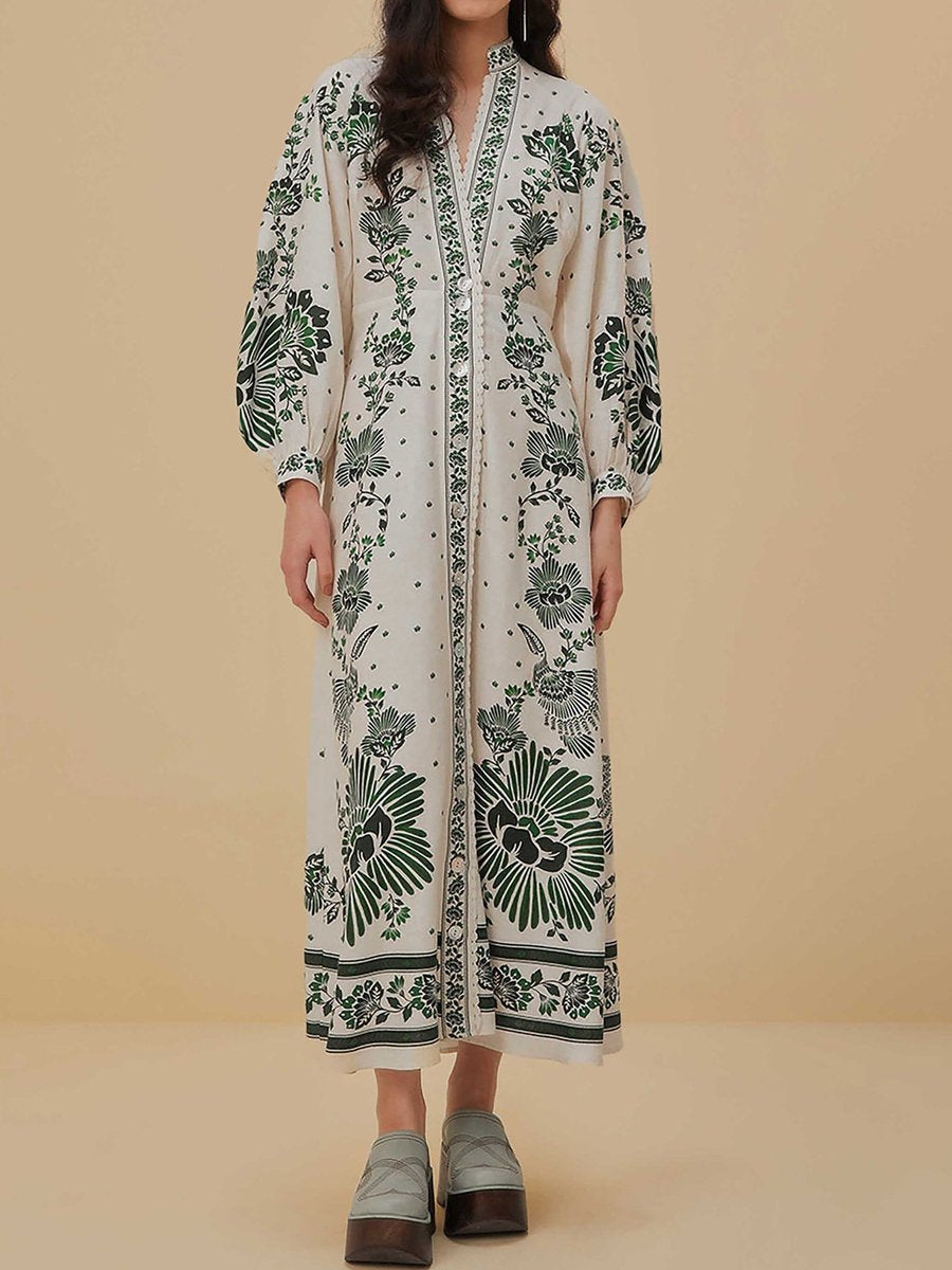 Button Up Printed Long Sleeve Maxi Dress