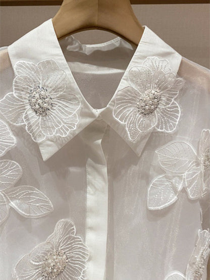 Beaded 3D Flower See-through Shirt