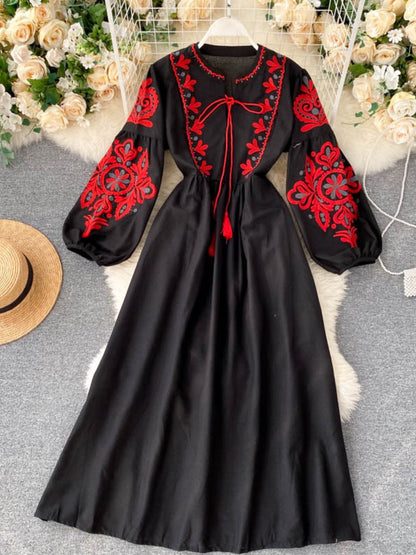 Embroidered Lace-up Lantern Sleeve Dress