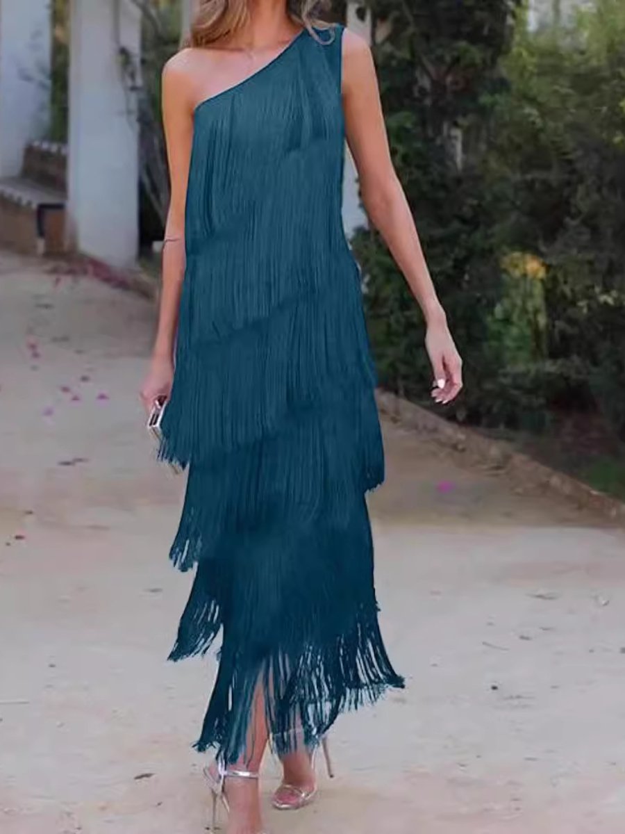 Layered Fringed Slant Shoulder Sleeveless Slim Fit Prom Party Midi Dresses