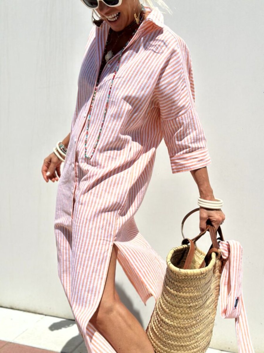 Classic Striped Lace-Up Shirt Dress