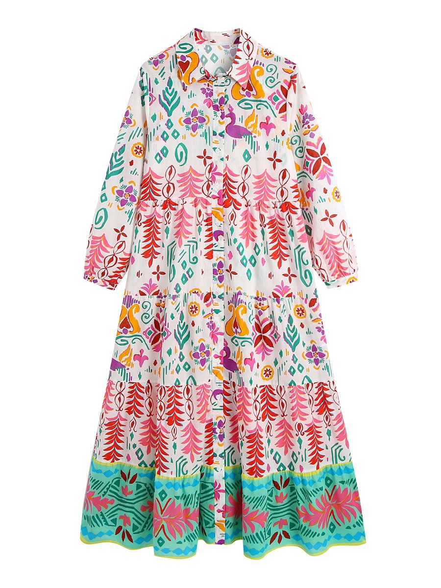 Casual Patchwork Floral Print Lapel Slim Dress