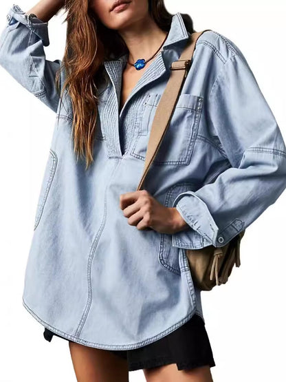 Casual V-Neck Denim Coat