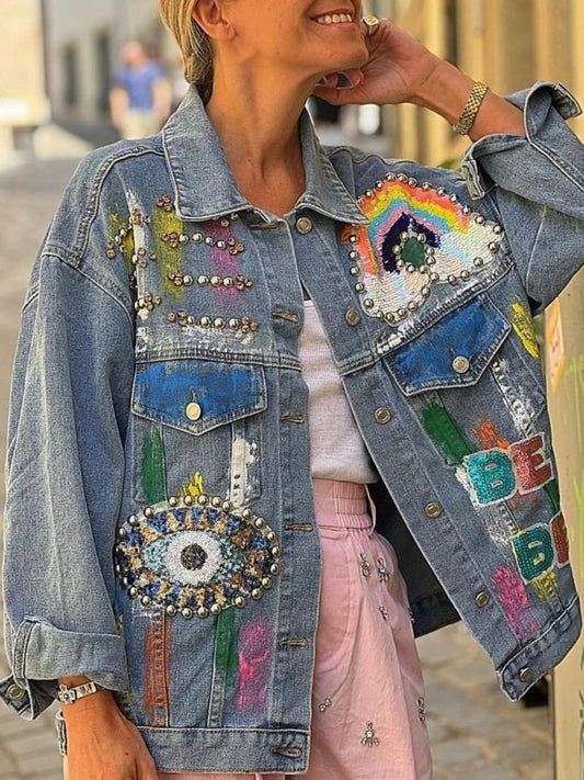 Sequin Embroidered Studded Denim Jacket