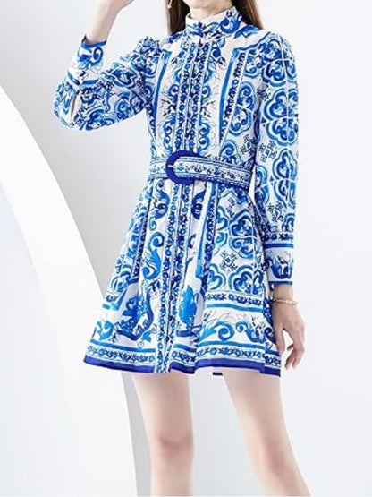 Floral Print Button Up Lantern Sleeve Dress In Blue